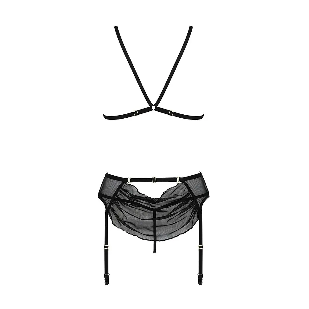 Комплект з відкритим доступом Passion DELIENA SET S/M black, ліф, стрінги, пояс для панчіх - фото 5