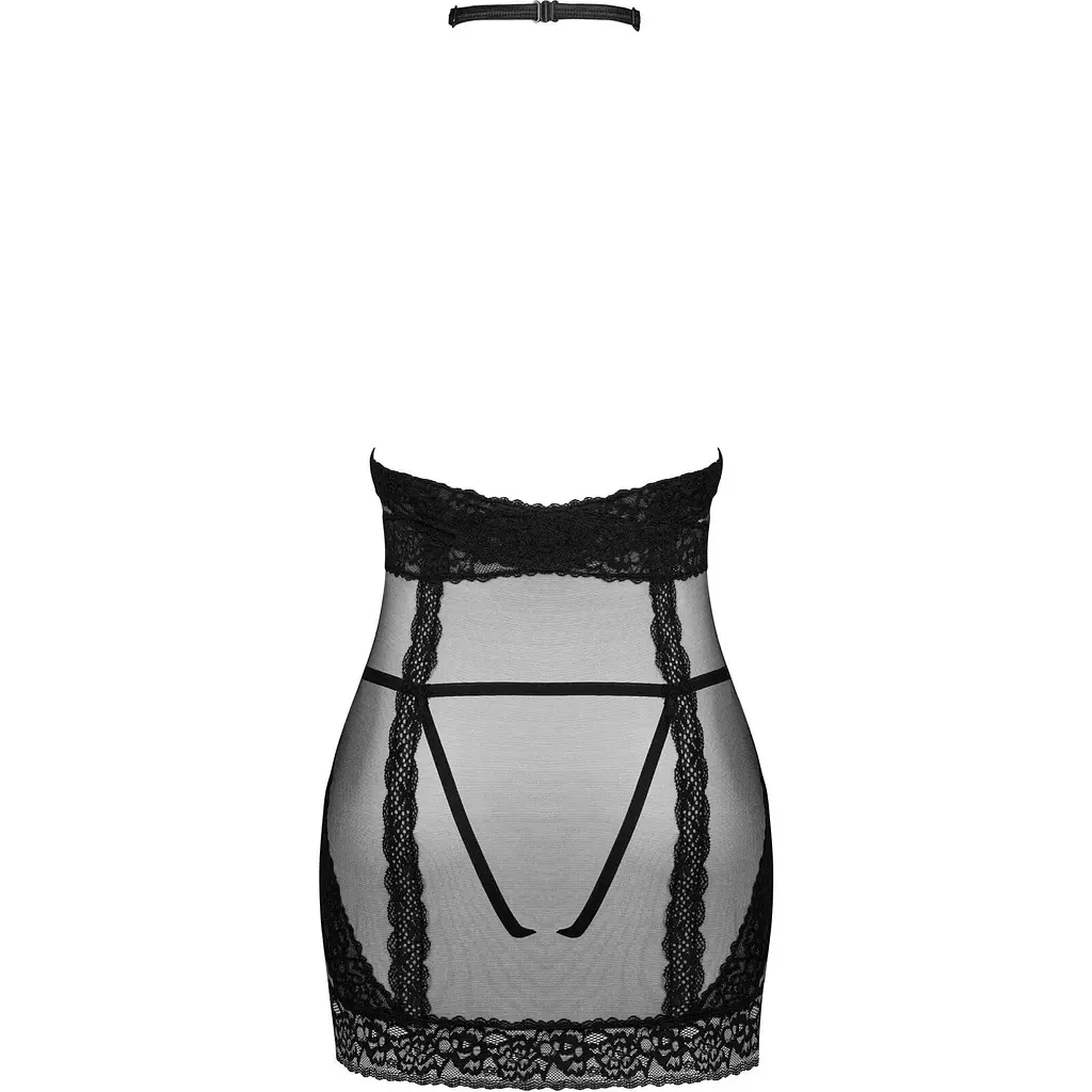Напівпрозора сорочка з відкритими грудьми Obsessive Lacrisia chemise XS/S, чорна, з чокером - фото 2