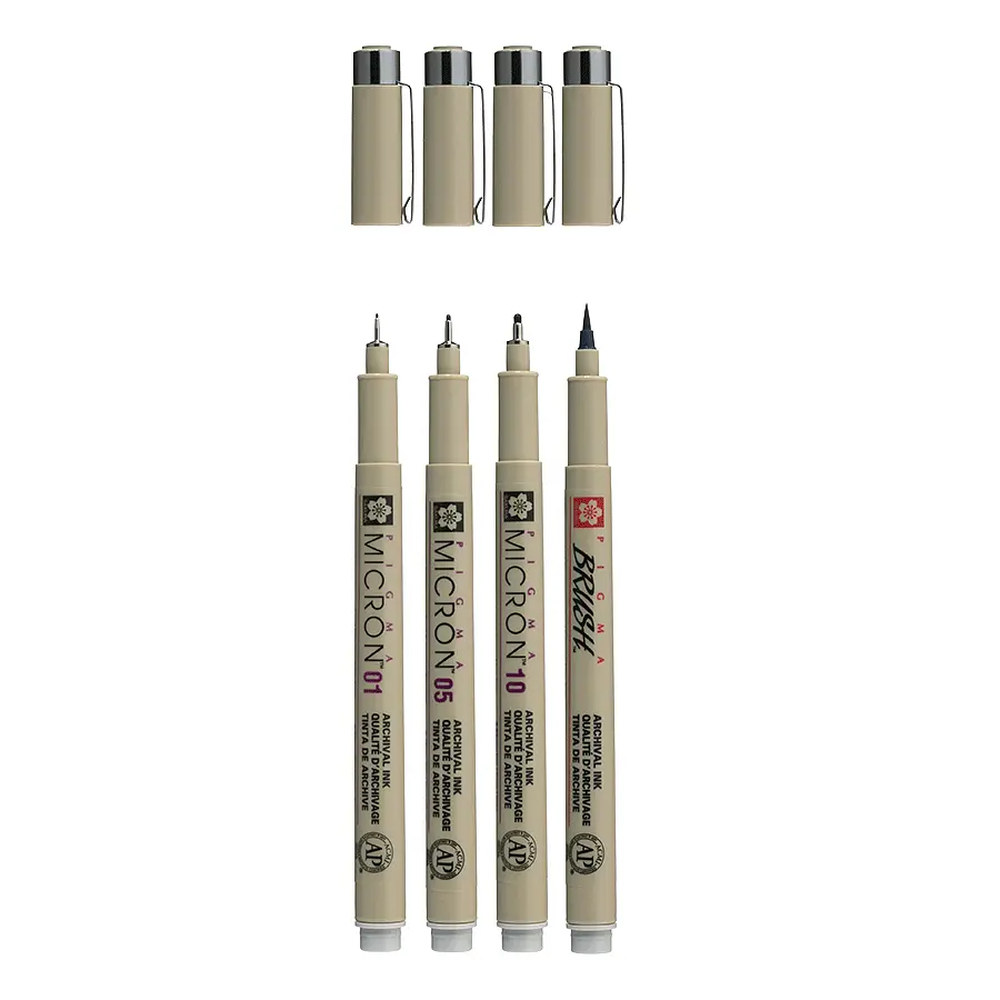 Набір лінерів Pigma Micron 4шт (0.1/0.5/10/лінер-пензель Pigma Brush) Сірий Світлий Sakura - фото 3