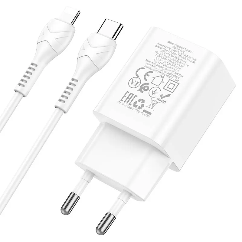 Сетевое зарядное устройство с кабелем HOCO N28 Founder PD20W+QC3. 0 charger set(C to iP) белый - фото 3