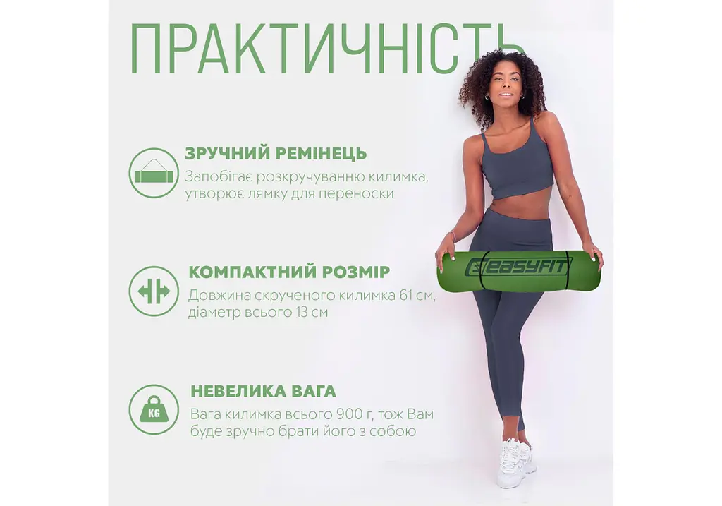 Килимок для йоги та фітнесу EasyFit TPE+TC 6 мм двошаровий, зелений з чорним (EF-1924s-GNBK) - фото 2