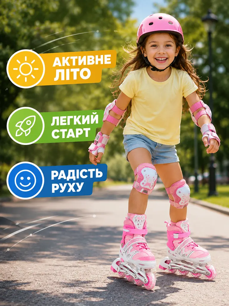 Дитячі ролики для дівчинки S 31-34, розсувні з колесом що світиться рожеві (49676205) - фото 4
