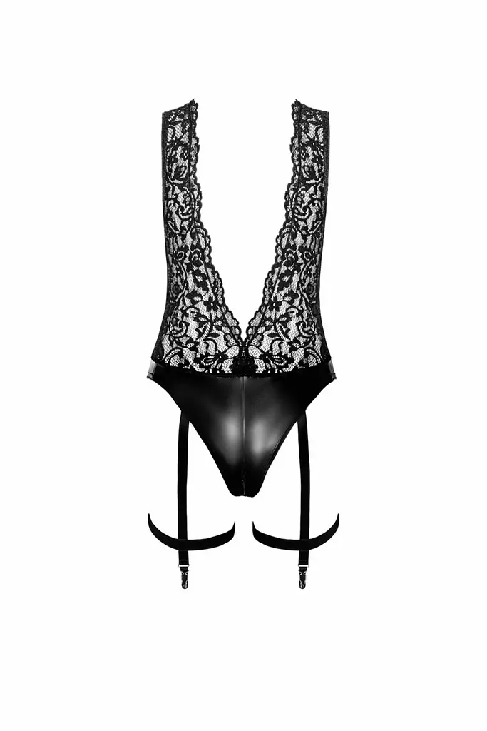 Боді Noir Handmade F297 Libido, 3XL, чорне, мереживо, низ під латекс, відкритий доступ, гартери - фото 5