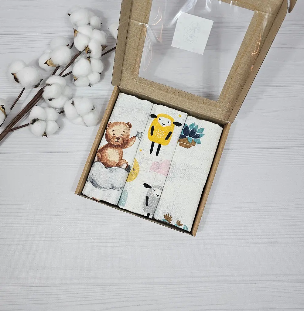Набір з 3 муслинових серветок a.l.babybox Теді на хмаринці кактуси баранчики Різнокольорові - фото 5