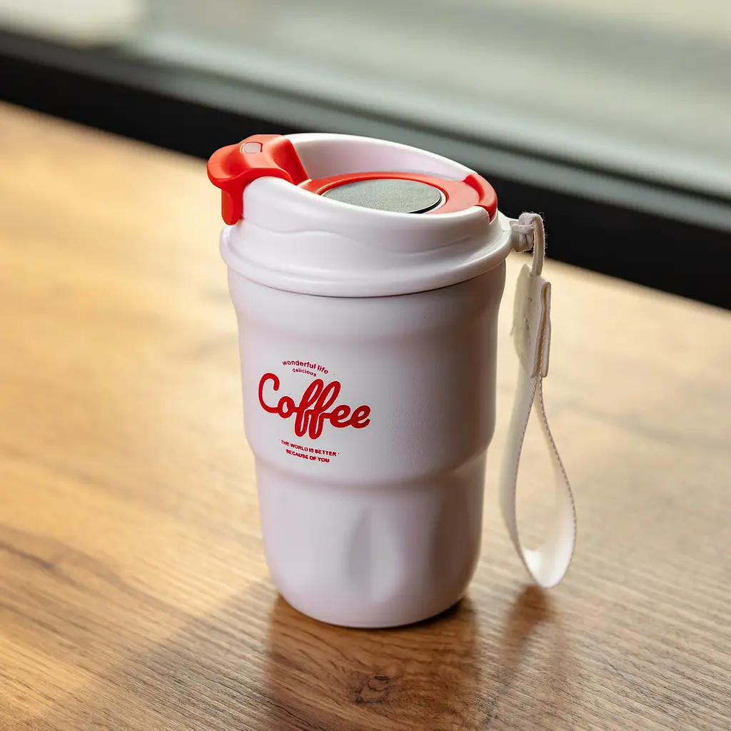 Термочашка "Coffee" 400 мл з ремінцем та відкидною кришкою-клапаном, білий Yiwu HP-GM-19 - фото 2