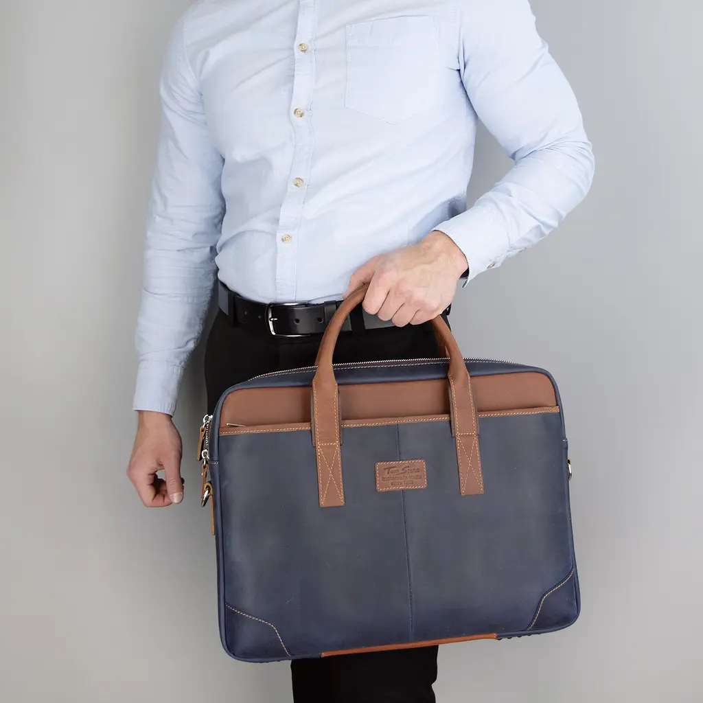 Сумка кожаная для ноутбука Tom Stone 717 BL-R синяя MacBook 16' - фото 2