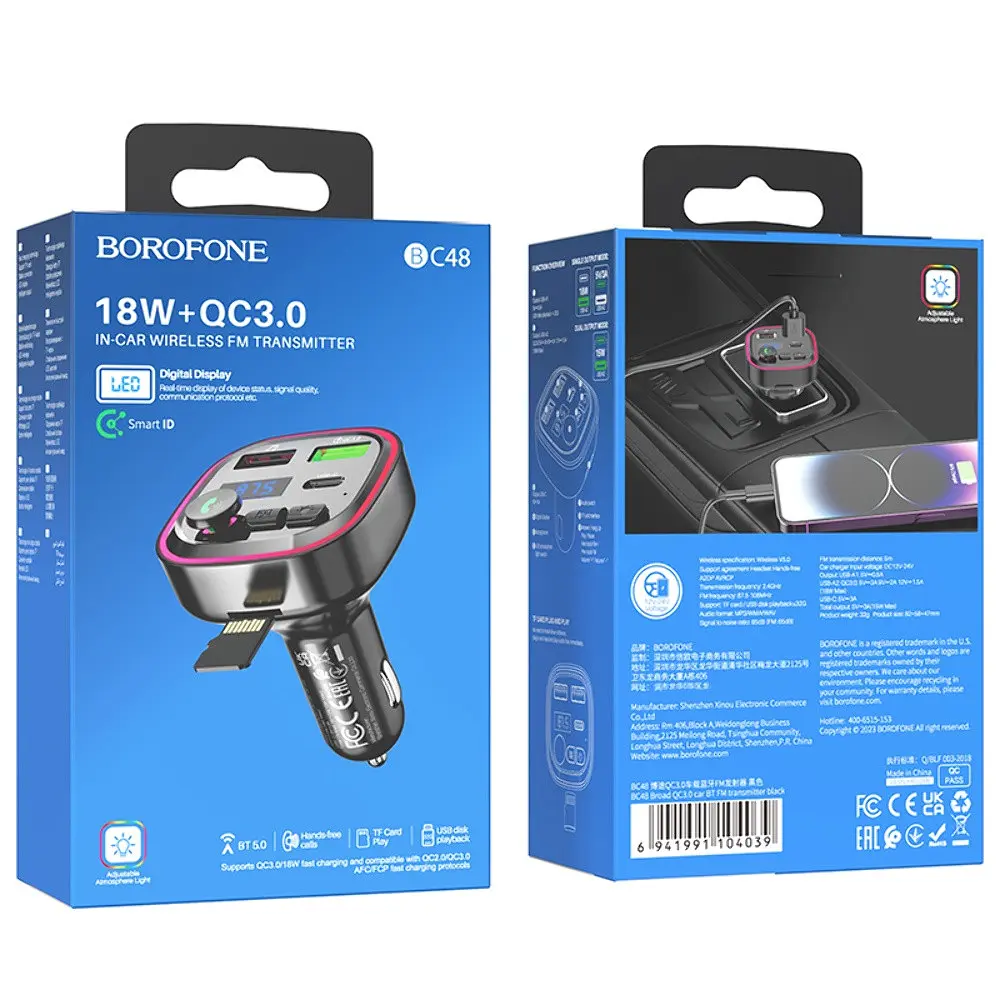 Автомобільний зарядний пристрій Borofone BC48 2 USB/Type-C/QC 18W з FM-модулятором (USB/TF card/bluetooth) чорний - фото 9