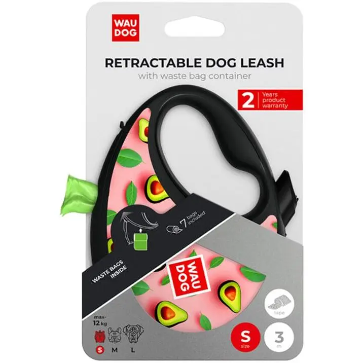Поводок-рулетка для собак с контейнером Waudog R-leash Авокадо на розовом со светоотражающей лентой S 12 кг 3 м - фото 3