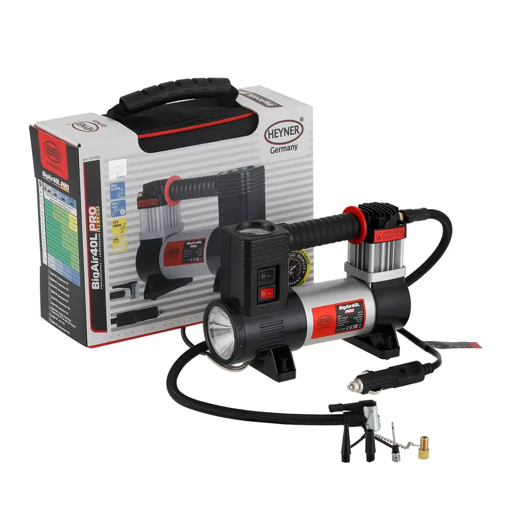 Компресор HEYNER 12v / 190вт / 40л / 7атм / 14А (3 LED ліхтар) в сумці (237100) - фото 2