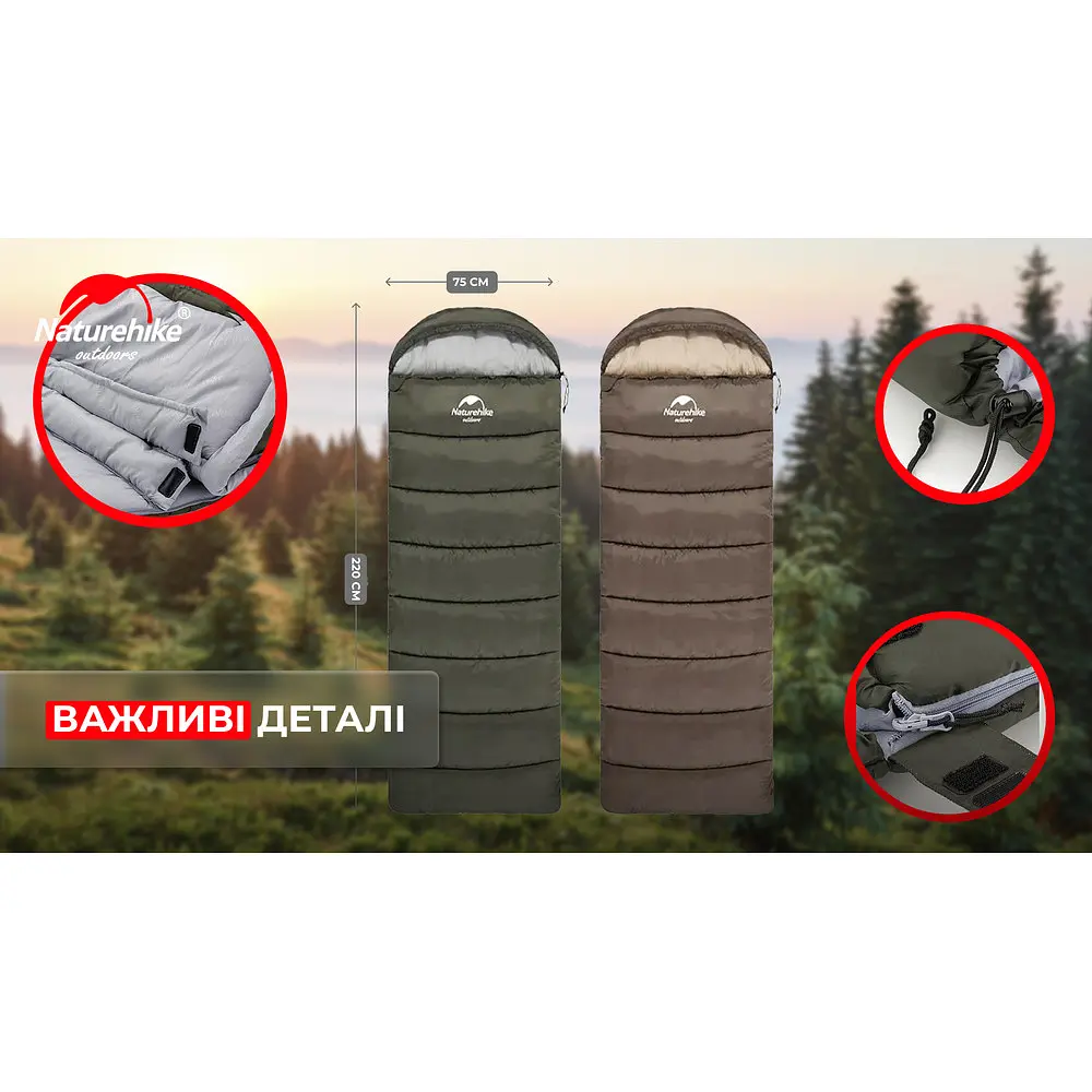 Спальник з капюшоном Naturehike U350S NH20MSD07, (-3°C), лівий, темно-зелений - фото 10
