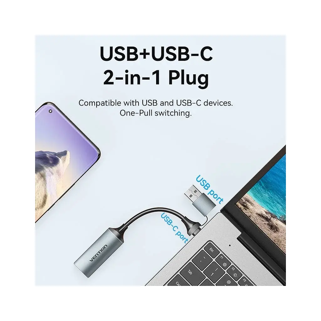 Переходник USB-C + USB-A to HDMI M 0.1m video capture gray Vention (ACWHA) - фото 2