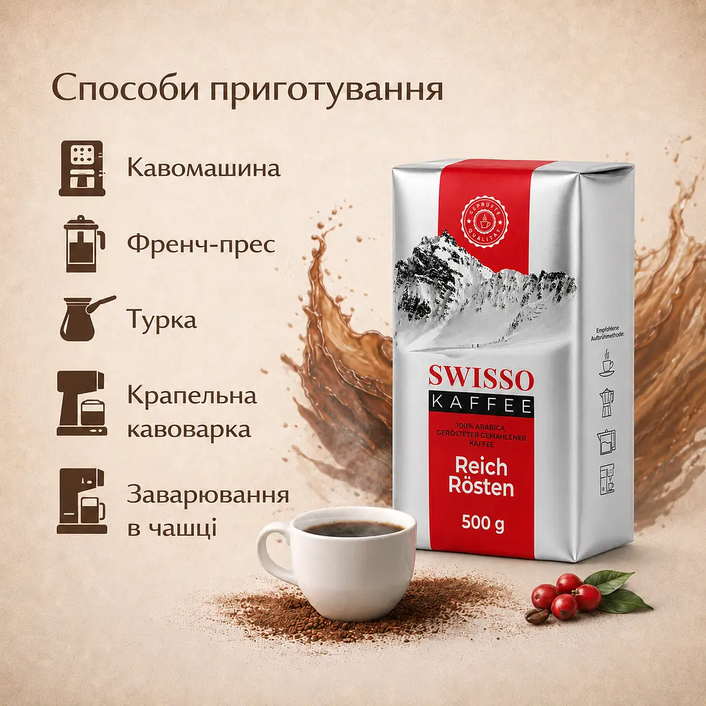 Кава мелена Swisso Kaffee Reich Rоsten 100% Arabica 500 г натуральна середнього обсмаження - фото 5