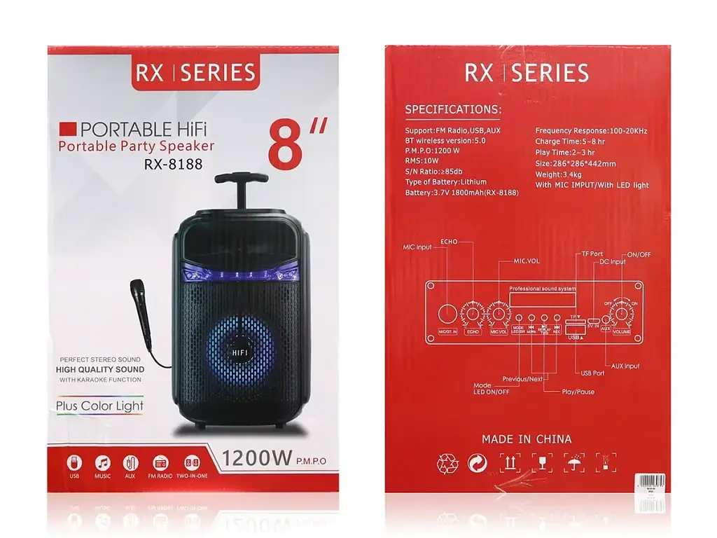 Портативна Bluetooth колонка RIAS RX-8188 8" RGB валіза з караоке 1800 mAh 10W Black - фото 3