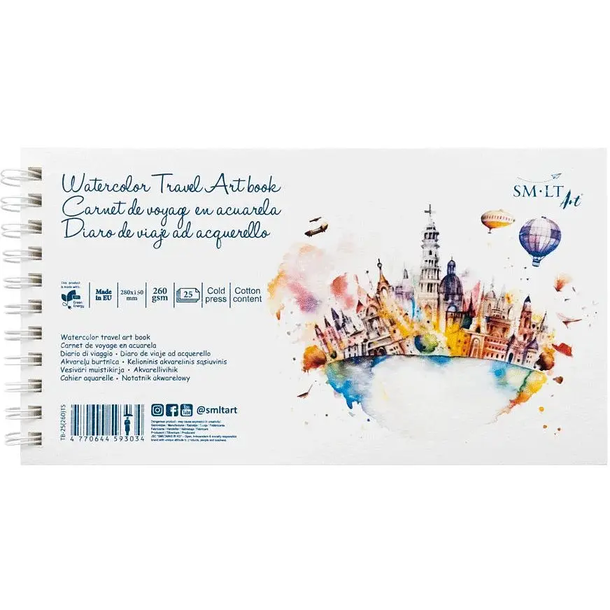 Альбом на спирали для акварели Travel Art book 15х28см 260г/м2 25л среднее зерно микроперфорация SM-LT Art - фото 1