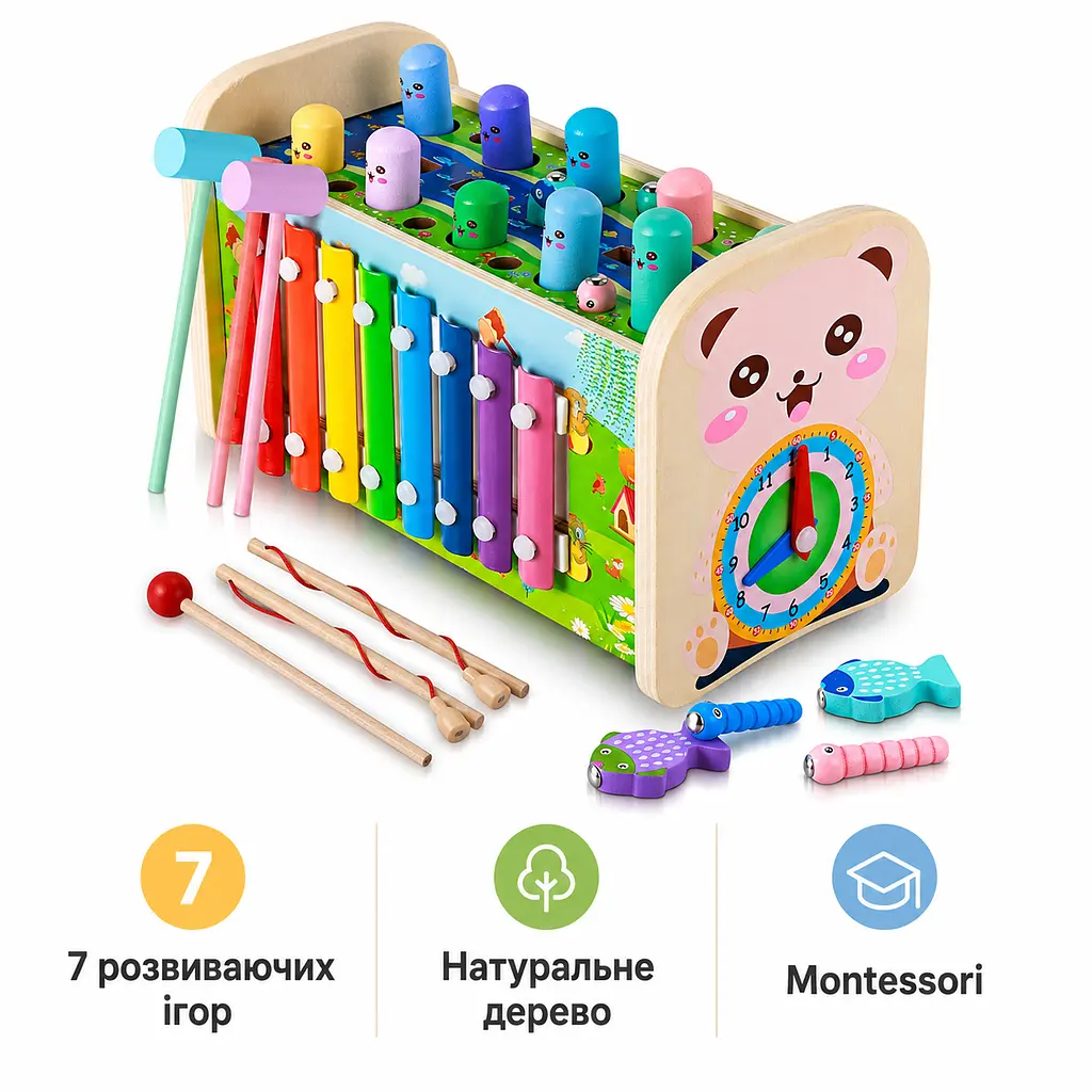 Дерев’яна розвиваюча іграшка Montessori 7-в-1 для дітей Музичний центр Монтессорі із ксилофоном (SKU-076) - фото 2