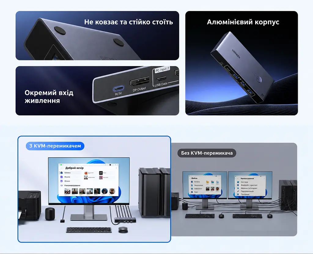 KVM-перемикач UGREEN CM695 DisplayPort 1.4 2 ПК і 1 монітор до 8K 60 Гц або 4K 240 Гц 3 USB-A та 1 USB-C USB 3.0 до 5 Гбіт/с для 8K 60 Гц (25962A) - фото 10
