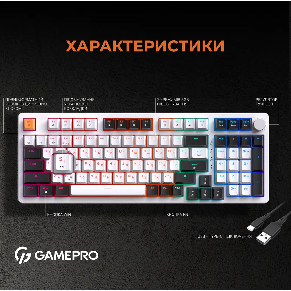 Клавіатура GamePro MK170W Hot-Swap Red Swich RGB USB UA White (MK170W) - фото 10