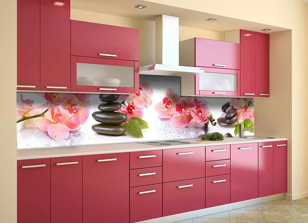 Кухонний фартух Мокрі Орхідеї наклейка ПВХ рожеві квіти чорні камені Білий 60х200 см Happy Pocket Z180541 - фото 2