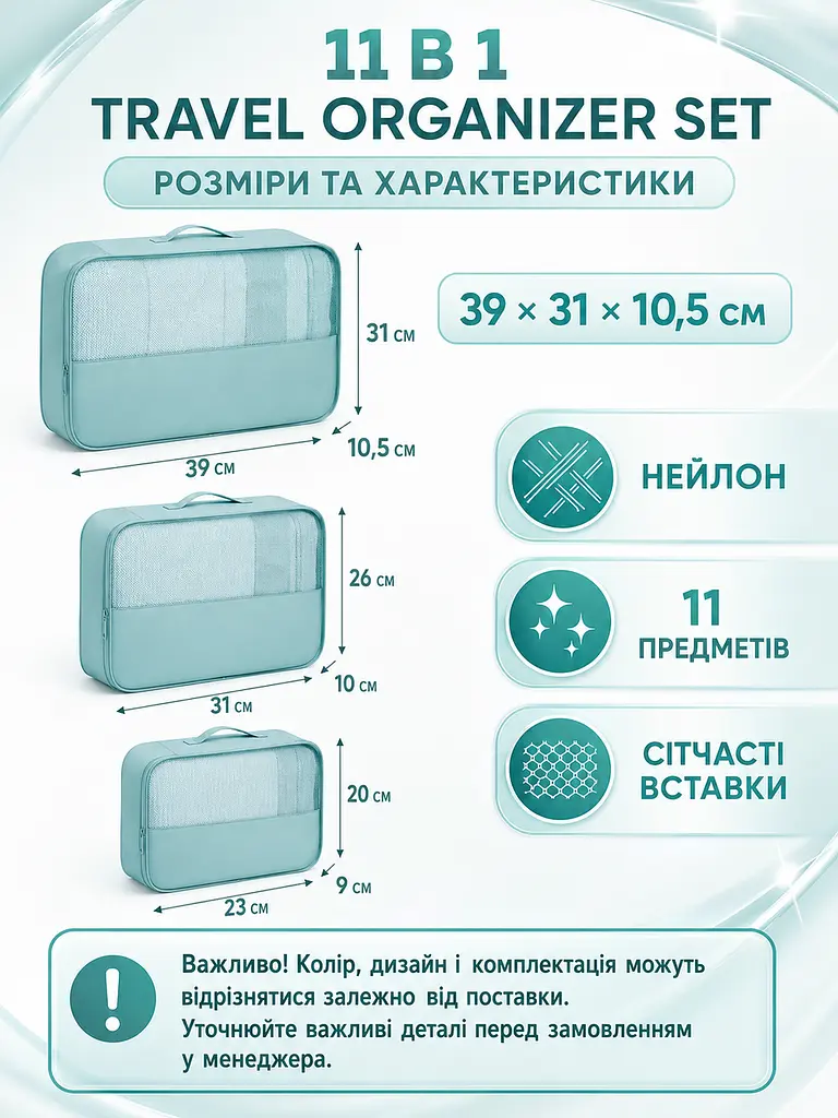 Набір дорожніх органайзерів для валізи 11 в 1 для одягу, взуття та косметики бірюзовий (49676170) - фото 3