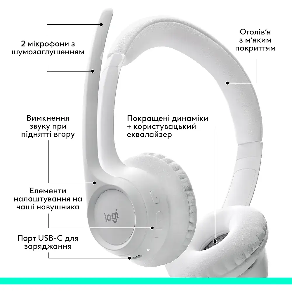 Гарнітура Logitech Zone 300 Wireless Headset BT White (981-001417) (6996323) - фото 8