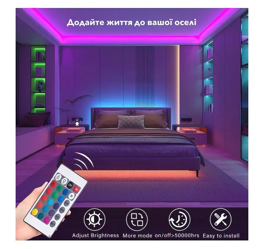 Світлодіодна стрічка гірлянда Voltronic LED RGB 5050 з Bluetooth додатком, від USB 5V, 5 метрів, водостійка - фото 5
