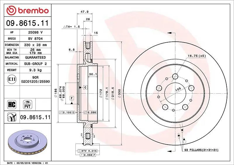 Диск гальмівний задній вентильований Volvo S60 I, V70 II 99-10р Brembo (09.8615.11) - фото 2