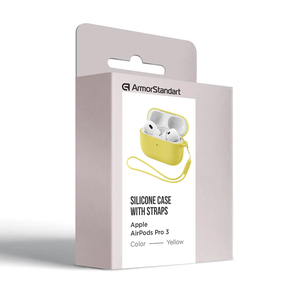 Силіконовий чохол для навушників Apple AirPods Pro 3, Silicone Case with straps, жовтий, захисний чохол з ремінцем, ультратонкий і легкий, повний захист, з підвіскою, м"який силікон, ArmorStandart (ARM88303) - фото 2