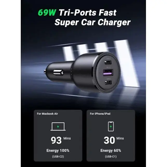 Автомобильное зарядное устройство Ugreen CD239 2xUSB Type-C PD + USB-A Car Charger 69W Max черный - фото 5