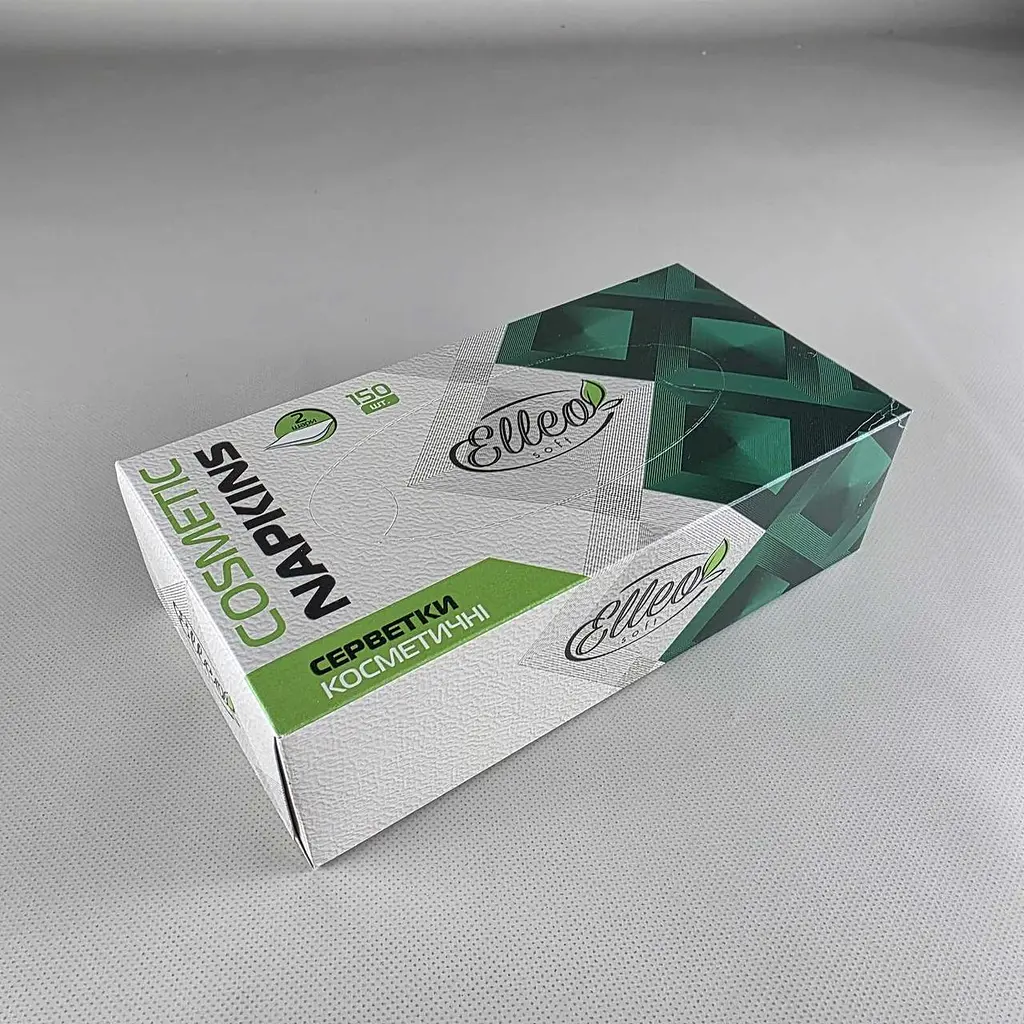 Косметичні серветки Elleo Soft двошарові, 150 шт, 20×20 см, білі, у картонній коробці - фото 2