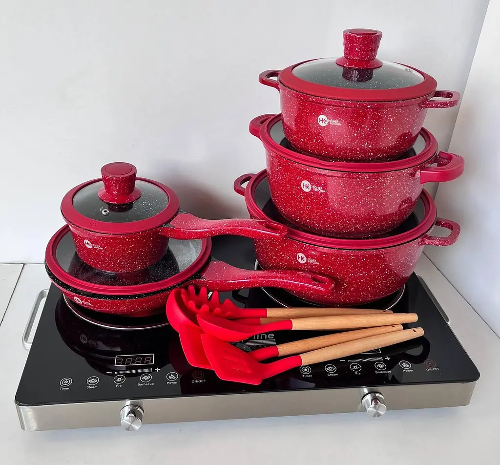 Набір круглих каструль і силіконового приладдя Higher Kitchen червоний, чорний HK-316