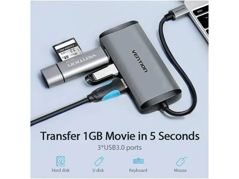 USB-хаб Vention Type-C to HDMI/USB3.0х3/PD 0.15m Gray (CNBHB) - фото 3