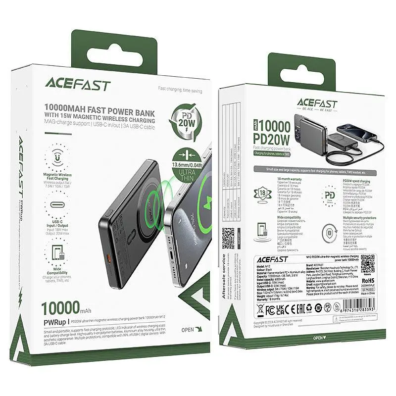 Зовнішній аккумулятор ACEFAST M12 PD20W ultra-thin magnetic wireless charging power bank 10000mAh, чорний - фото 3