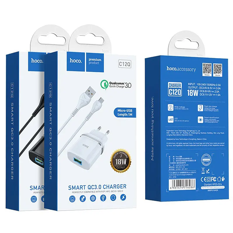 СЗУ Hoco C12Q Smart QC3.0 3A (1USB-A) + кабель USB to MicroUSB Черный - фото 6