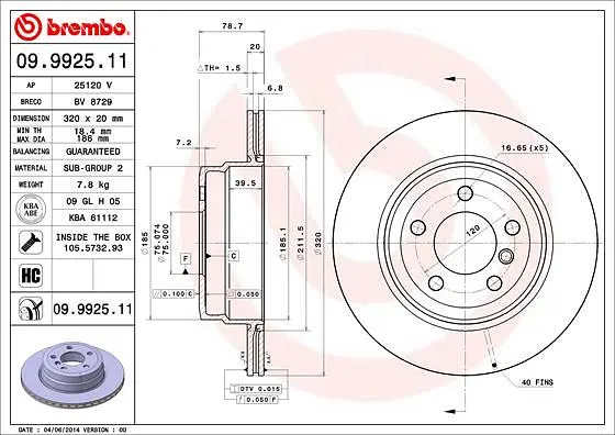 Диск гальмівний задній вентильований Bmw X5, X6 06-19р Brembo (09.9925.11) - фото 2