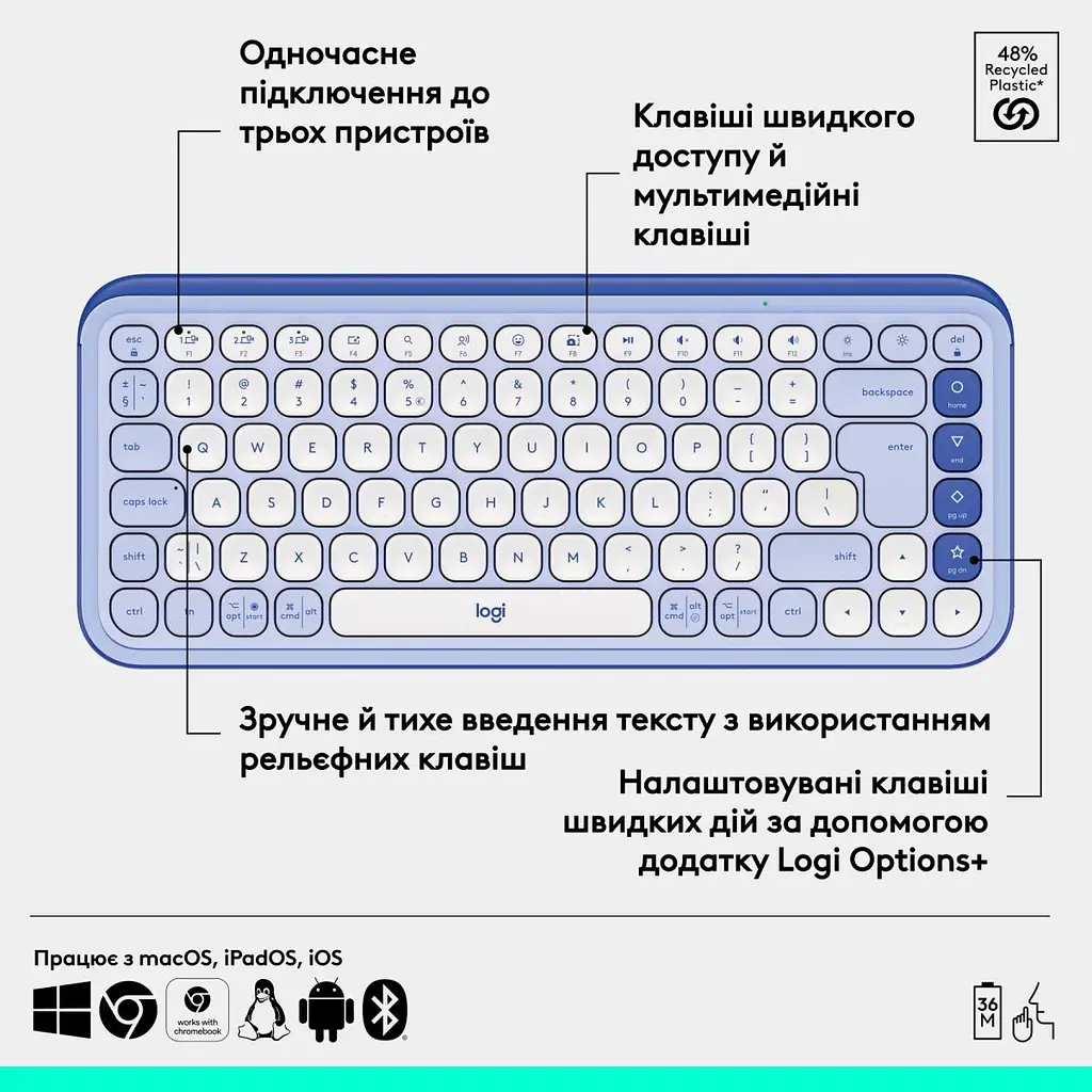 Клавіатура Logitech POP Icon Keys Bluetooth UA Lilac (920-013074) [118955] - фото 11