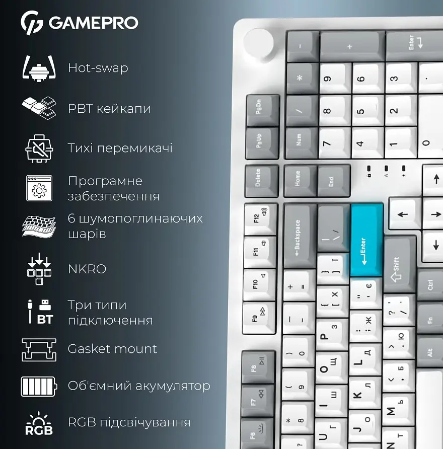 Клавіатура ігрова механічна GamePro MK-305-WH Asgard Drakkar Keychron Super Red Switch Bluetooth 5.2/2.4 ГГц/USB White - фото 16