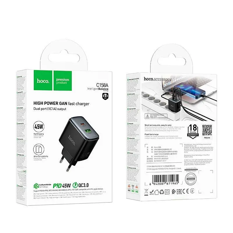 Адаптер мережевий HOCO Upgrade charger C158A 1USB/1Type-C, 45W/3A, PD/QC - фото 2