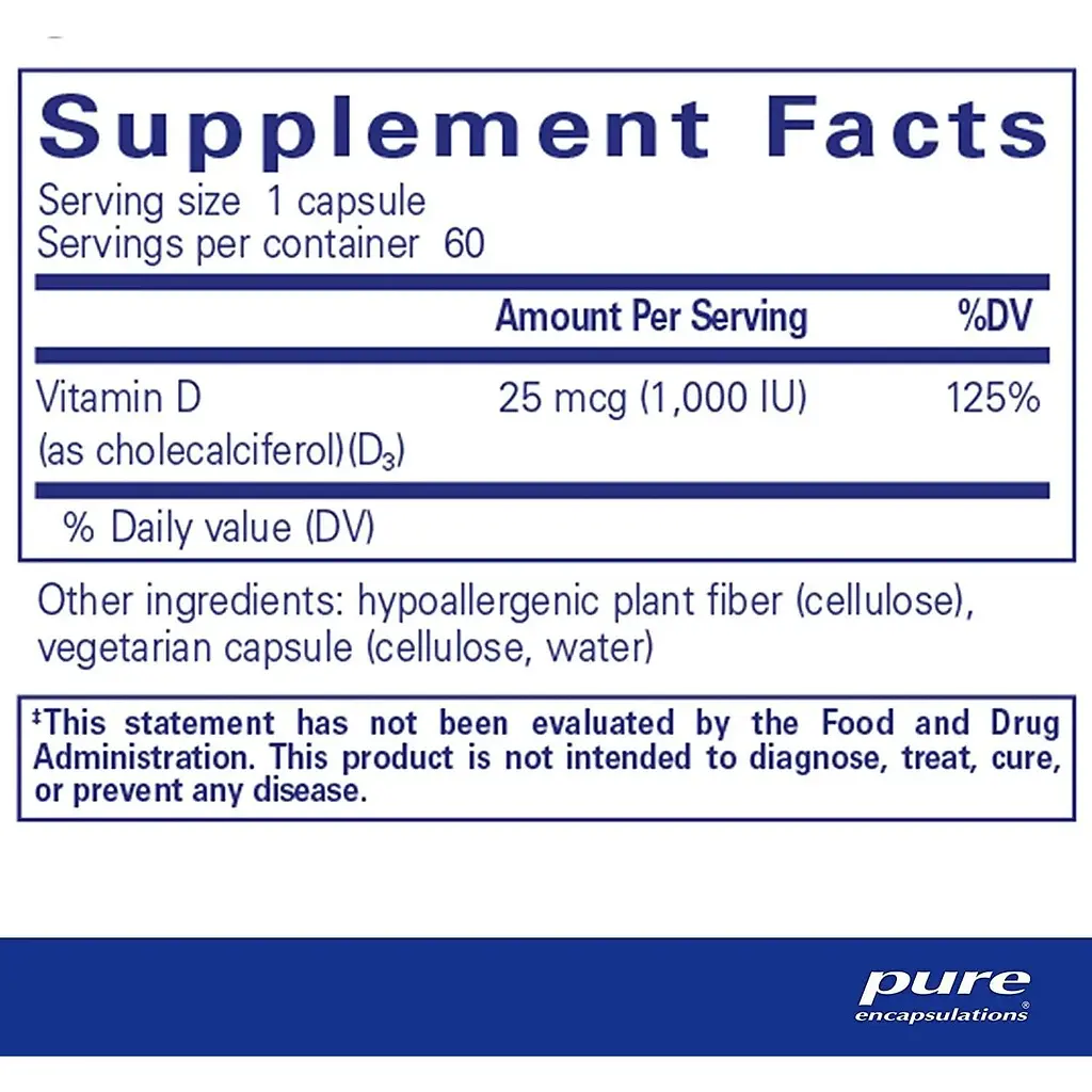 Витамин D3 Pure Encapsulations 1000 МЕ 60 капсул - фото 2