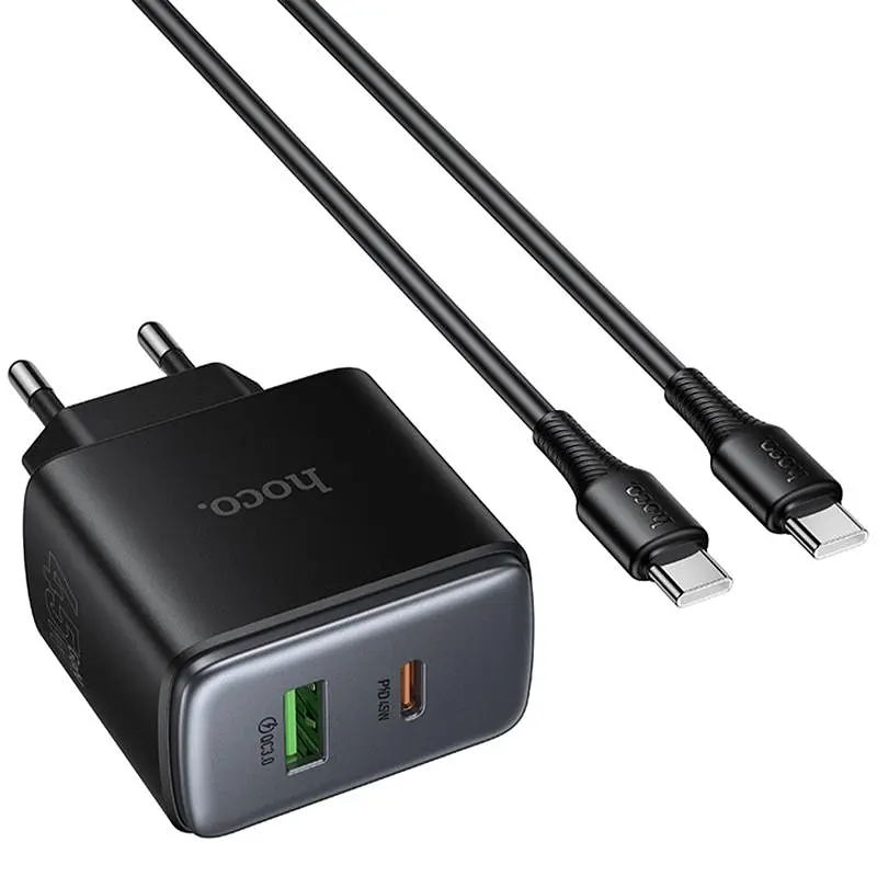 СЗУ Hoco C158A Upgrade PD45W (1USB-A/1C) + кабель Type-C to Type-C Black - фото 3