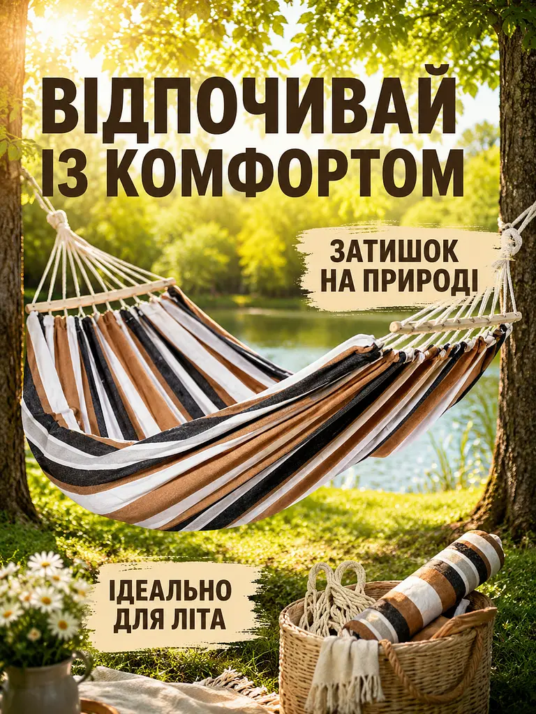 Гамак садовий двомісний 200×150 см коричневий з планкою та чохлом (49676050) - фото 7