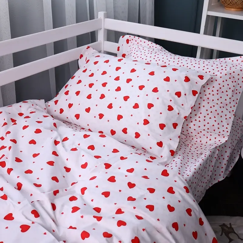 Простирадло MirSon Poplin Line Kids 01 Little Hearts 150х220 см біле з червоним (2200009710551) - фото 2