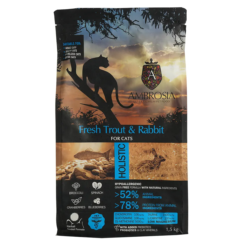 Сухой корм Ambrosia Grain Free Cat Fresh Trout & Rabbit для взрослых кошек со свежей форелью и кроликом 1.5 кг - фото 2
