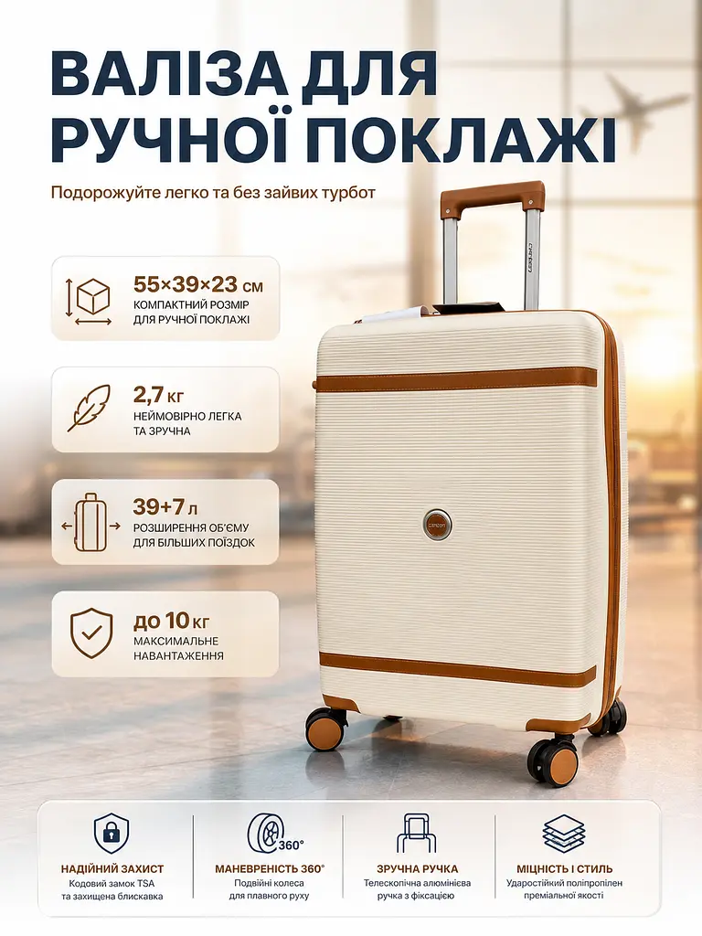 Валіза маленька для ручної поклажі Carbon 7898 S поліпропілен з розширенням Кремовий - фото 9
