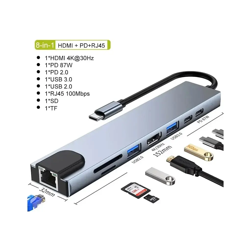 Концентратор Dynamode USB-C 8-in-1 HDMI 4K30Hz + 1xRJ45 + 1xUSB 3.0 + 1xUSB 2.0 + 1xUSB-C PD (BYL-2017L) - фото 10