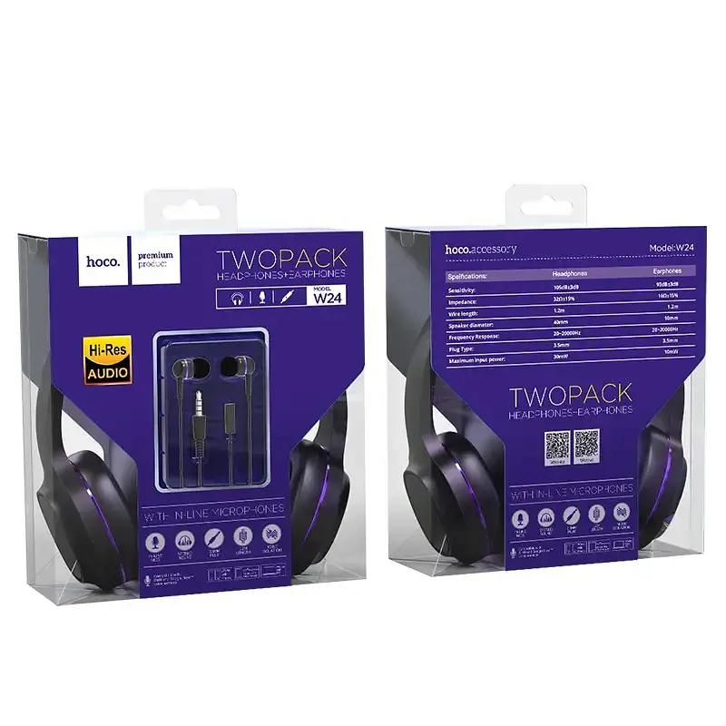 Пара наушников накладные и вакуумные Hoco Enlighten W24, 3.5mm, 1.2m, black-purple - фото 5