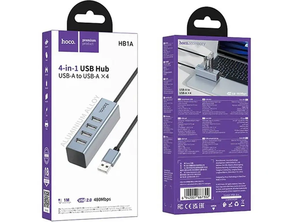 USB-хаб Hoco HB1A 4-in-1 converter(USB to USB2.0*4) Gray - фото 2
