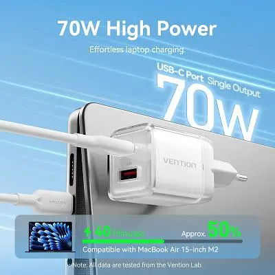 Зарядний пристрій Vention 1xUSB-C PD70W + 1xUSB QC3.0 22.5W GaN transparent gray (FCGH0-EU) - фото 6