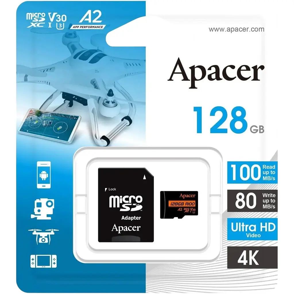Карта пам'яті Apacer microSDXC 128GB Class 10 UHS-I/U3 V30 A2 R100 + SD Adapter (AP128GMCSX10U8-R) [166580] - фото 3