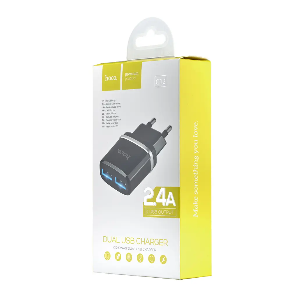 Мережевий зарядний пристрій Hoco C12 Smart dual USB charger ( EU ) 2USB 2.4A Чорний - фото 2