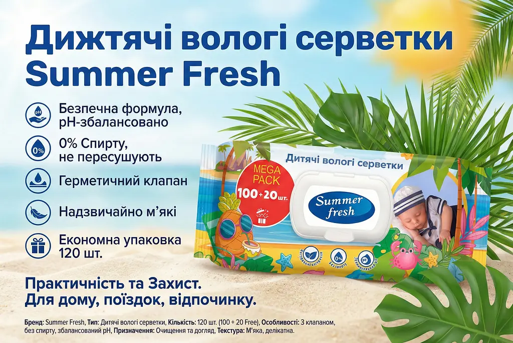 Вологі серветки для дітей Summer Fresh Дитячі 120 шт. Безпечні серветки для малюків - фото 2
